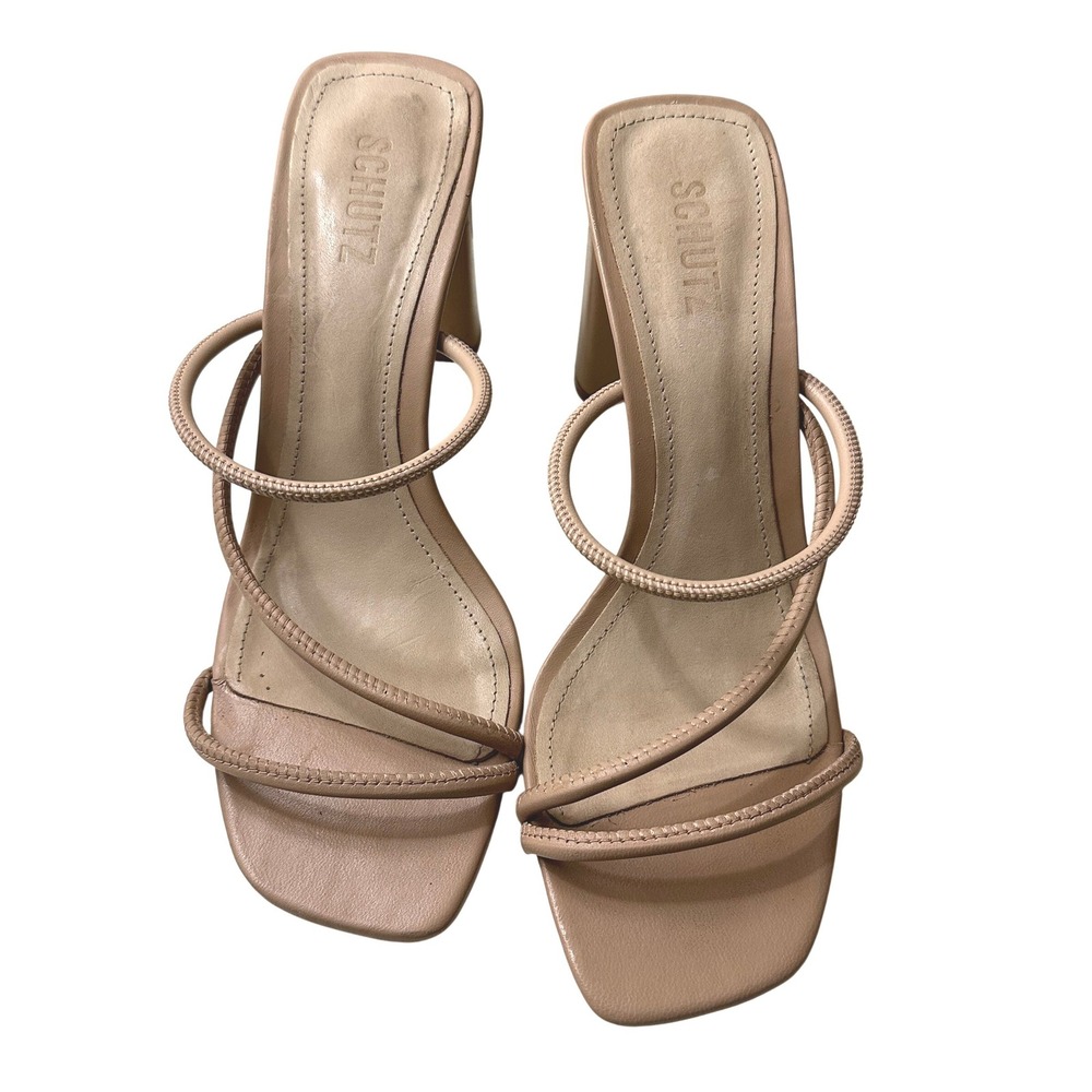 Schutz Chessie Nude Beige Multi Strap Block Heel Sandals Square Toe Mules 9.5B